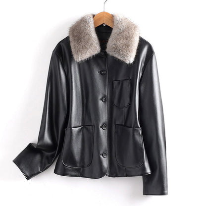 Veste en cuir femme élégante col fourrure poches