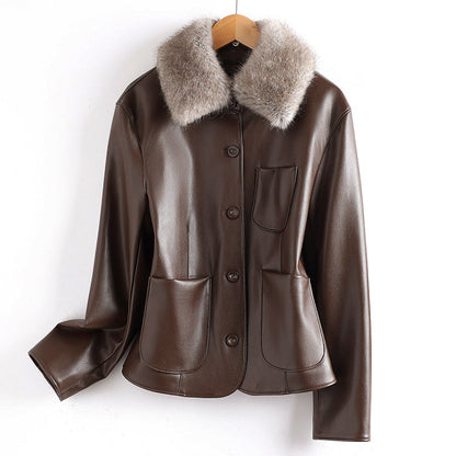 Veste en cuir femme élégante col fourrure poches
