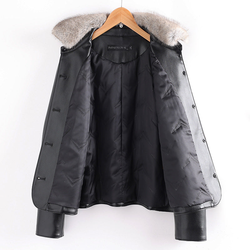 Lederjacke Damen Elegant Pelz Kragen Taschen - IdealeKleiden