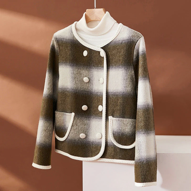 Veste à carreaux tendance mélange de laine contraste