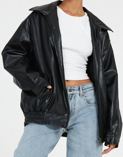 Grande veste en cuir style streetwear fermeture éclair