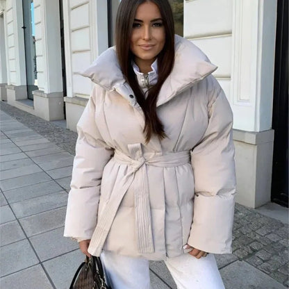 Damen Steppmantel Lang Winter Warm mit Gürtel - IdealeKleiden
