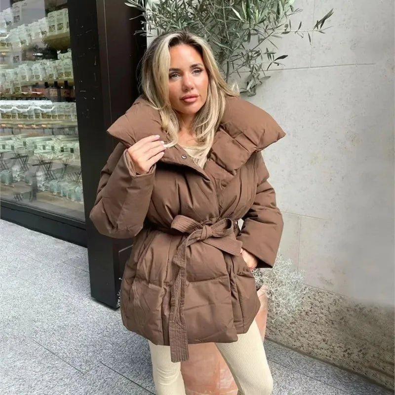 Manteau matelassé long femme chaud hiver avec ceinture