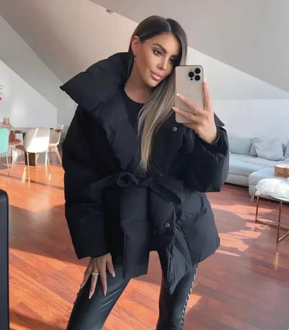 Manteau matelassé long femme chaud hiver avec ceinture