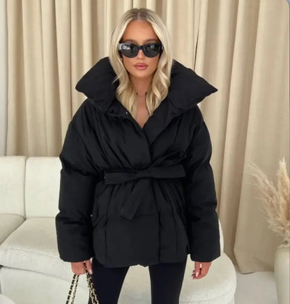 Manteau matelassé long femme chaud hiver avec ceinture