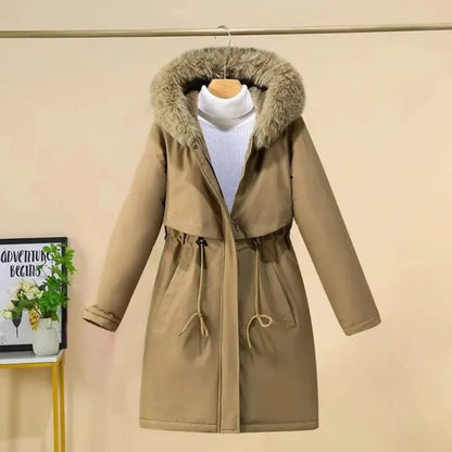 Manteau d'hiver élégant long fausse fourrure capuche