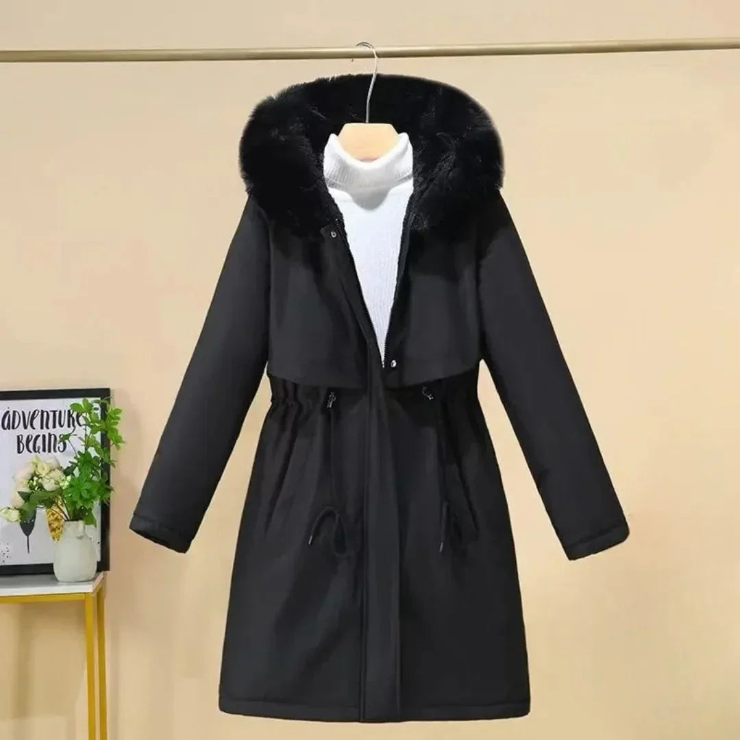 Manteau d'hiver élégant long fausse fourrure capuche