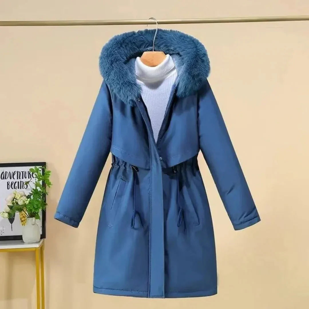 Manteau d'hiver élégant long fausse fourrure capuche