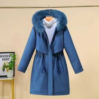 Manteau d'hiver élégant long fausse fourrure capuche