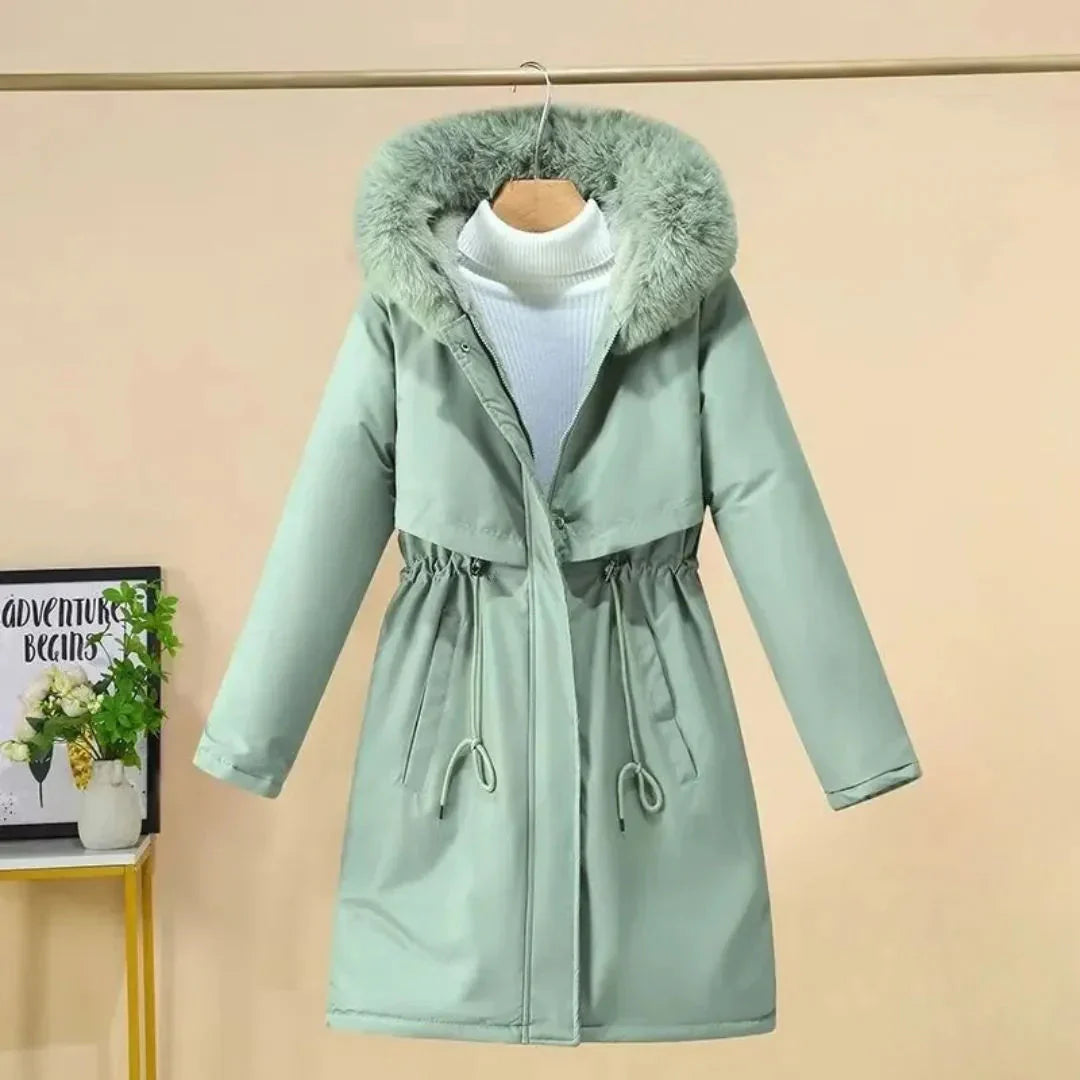Manteau d'hiver élégant long fausse fourrure capuche