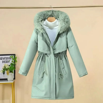 Manteau d'hiver élégant long fausse fourrure capuche