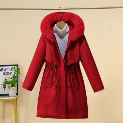 Manteau d'hiver élégant long fausse fourrure capuche