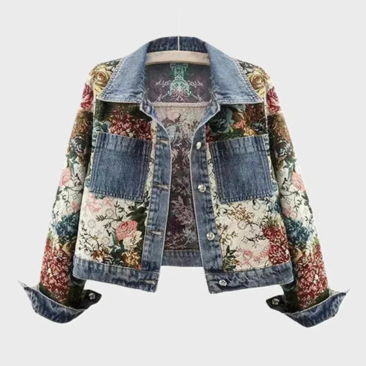 Damen Jeansjacke Blumenmuster Chic - IdealeKleiden
