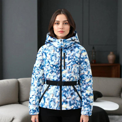 Warm gefütterte Steppjacke Damen Kapuze Gürtel - IdealeKleiden