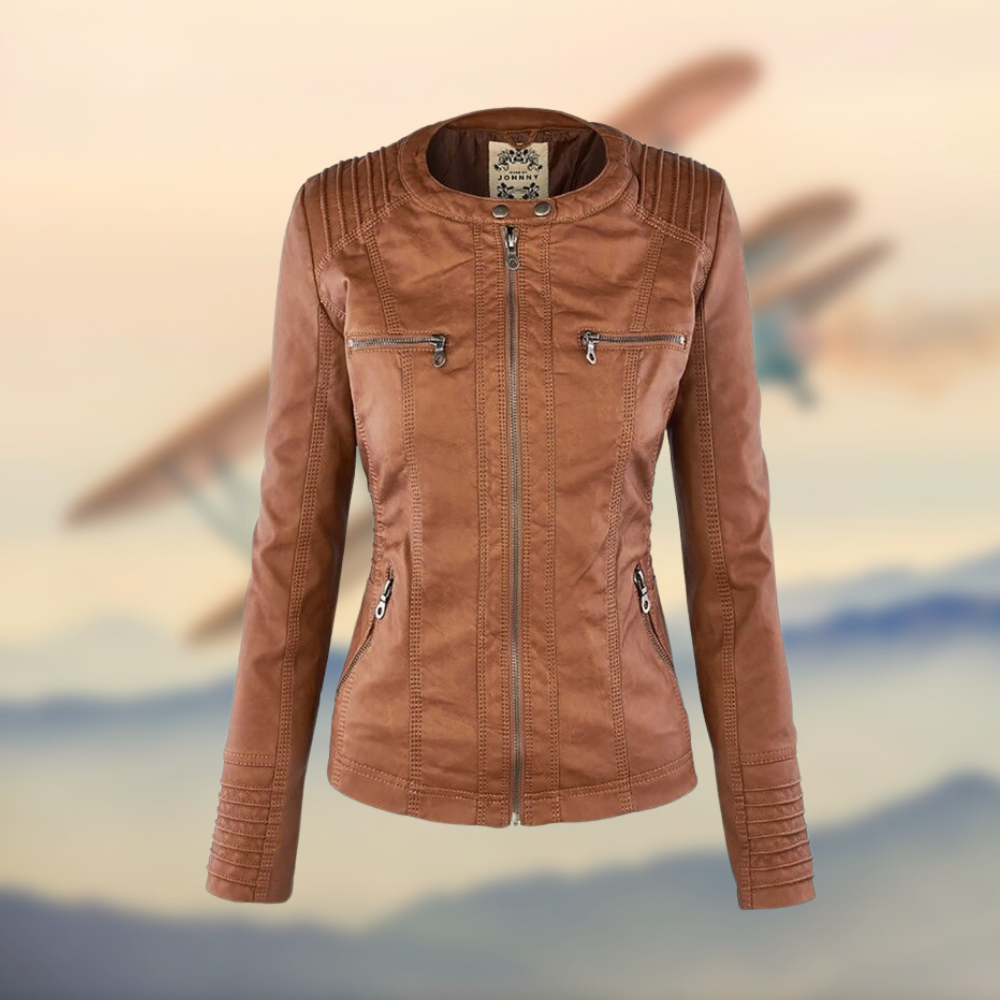 Elegante Damen Lederjacke Slim Fit Reißverschluss - IdealeKleiden