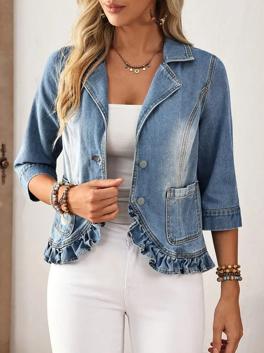 Modische Denim Jacke Rüschen Jeans Blazer Hellblau - IdealeKleiden