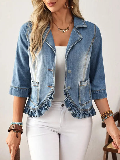 Veste en jean tendance blazer à volants en jean bleu clair