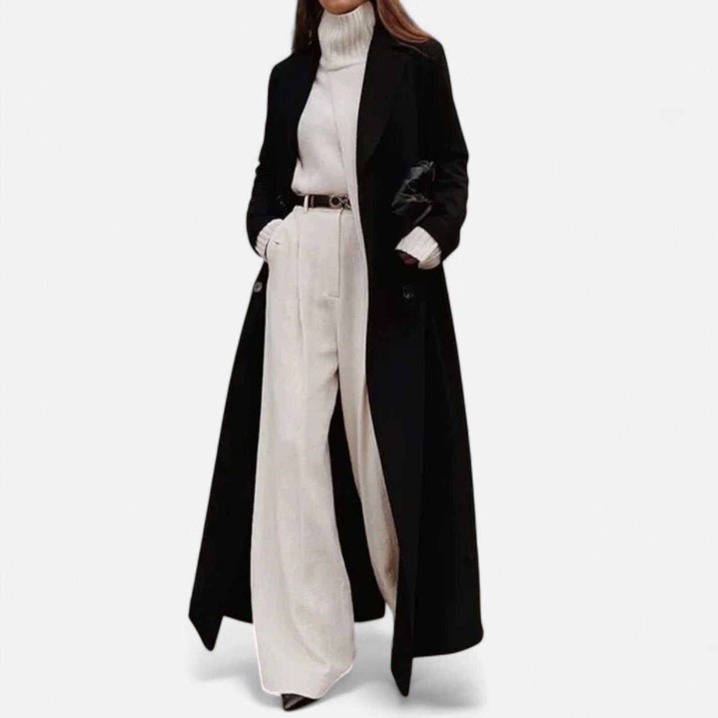 Manteau long femme élégant col revers noir