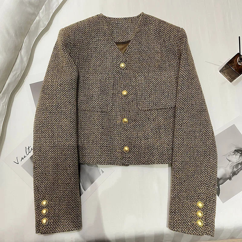Damen Blazer Kurz Kragenlos Elegent - IdealeKleiden