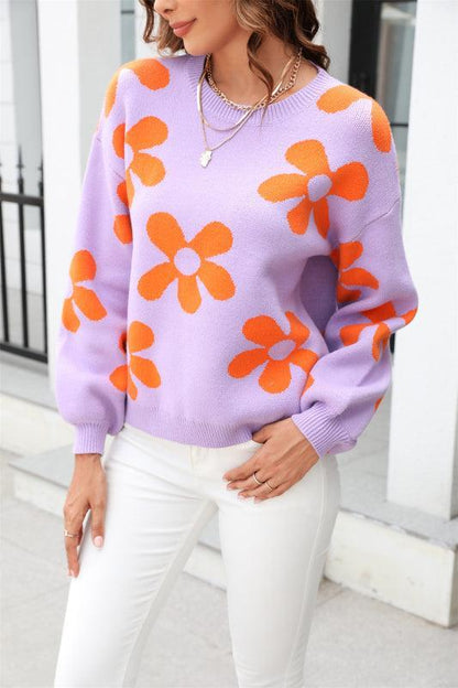 Pull Femme Automne Floral Col Rond