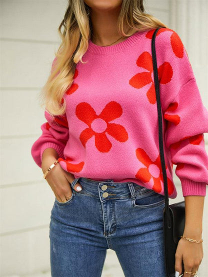 Pull Femme Automne Floral Col Rond