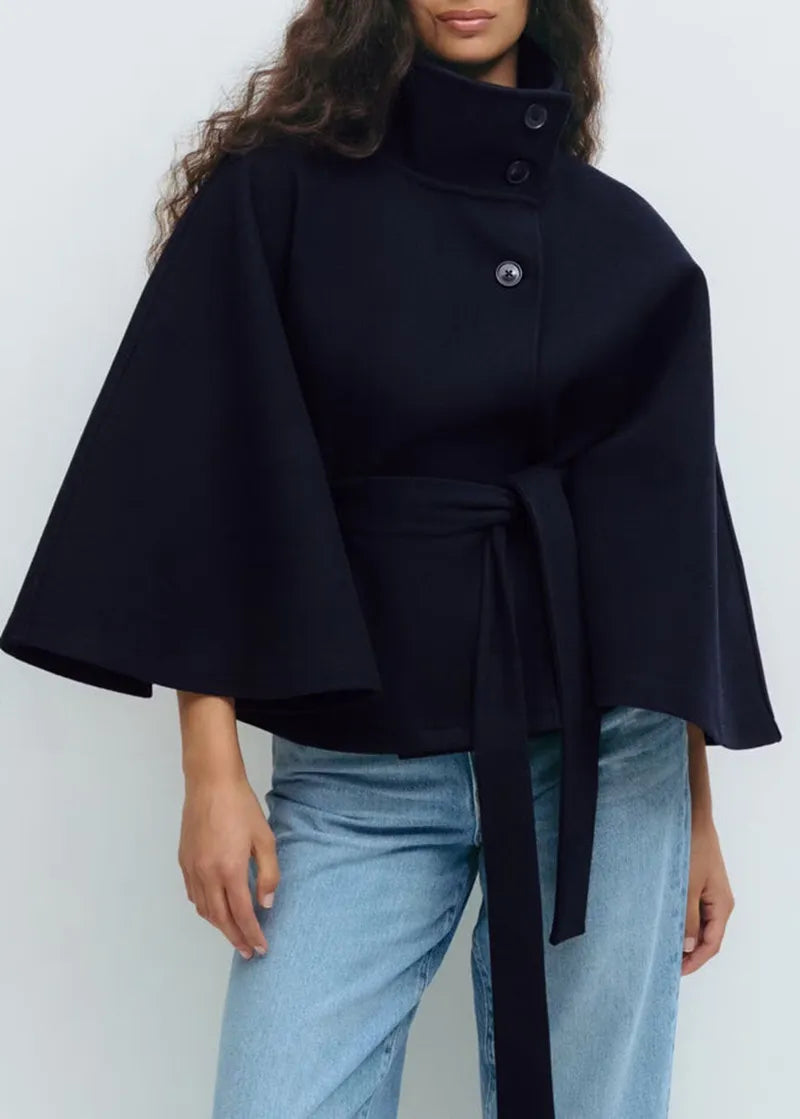 Manteau de printemps pour femme style cape avec ceinture et col montant