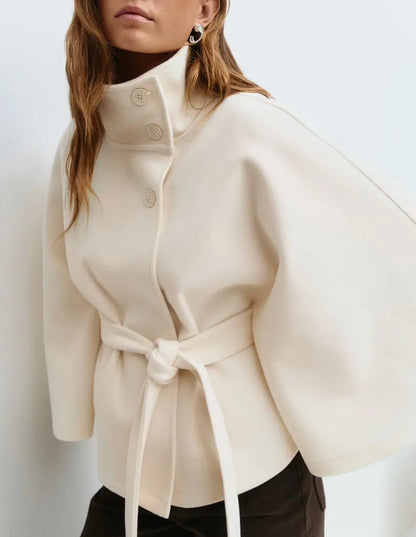 Manteau de printemps pour femme style cape avec ceinture et col montant