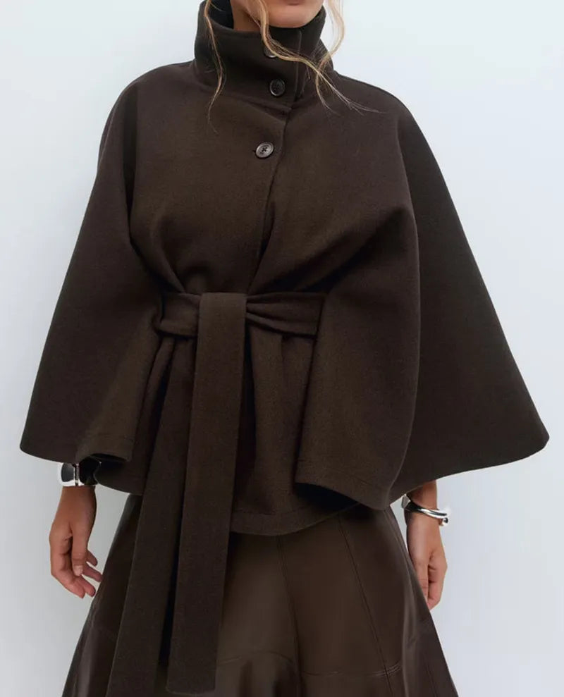 Manteau de printemps pour femme style cape avec ceinture et col montant