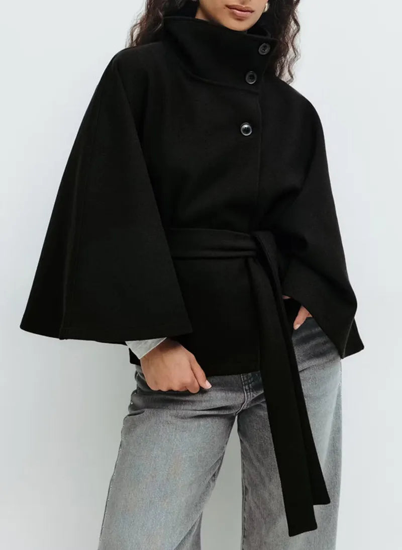 Manteau de printemps pour femme style cape avec ceinture et col montant