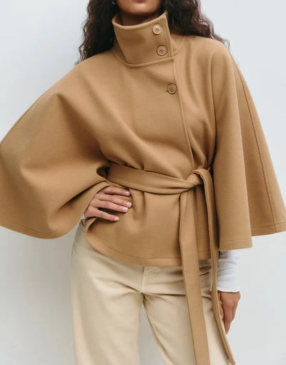 Frauen Frühjahrsmantel Cape-Style mit Gürtel und Stehkragen - IdealeKleiden