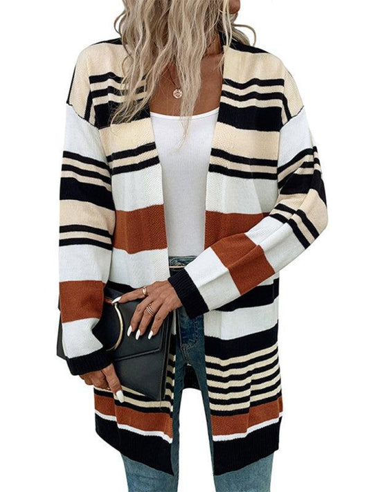 Damen Cardigan Herbstlich Streifen Mittellang - IdealeKleiden