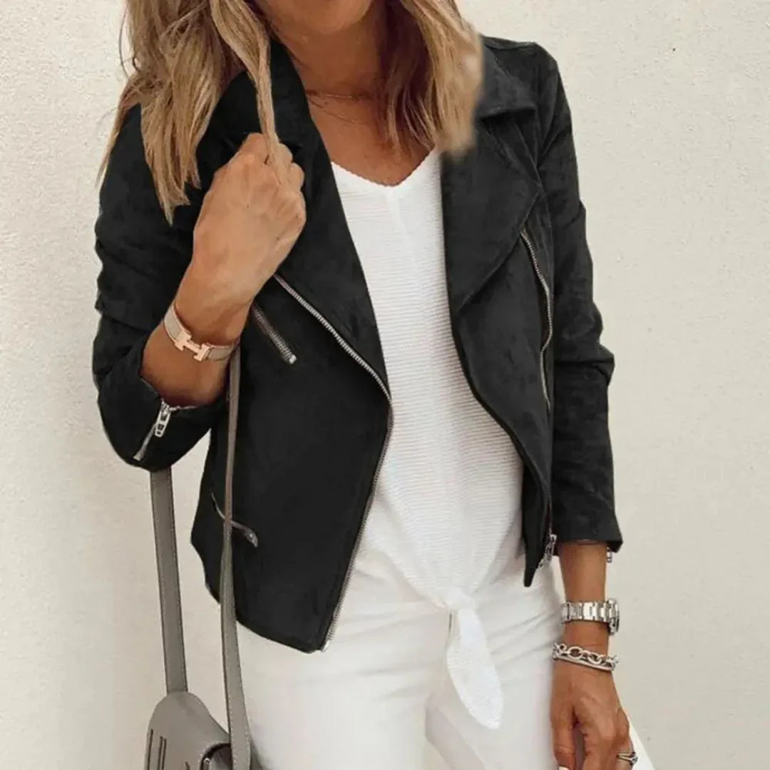 Blouson en cuir élégant pour femme - Veste de motard en faux daim avec fermeture éclair asymétrique