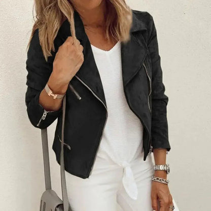 Blouson en cuir élégant pour femme - Veste de motard en faux daim avec fermeture éclair asymétrique