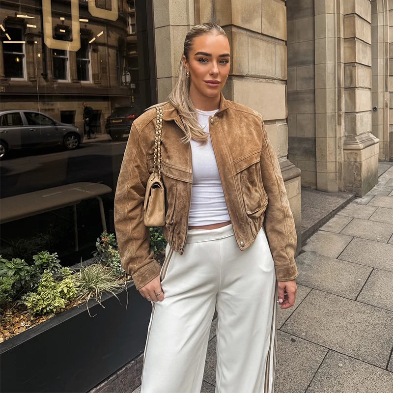 Veste en cuir vintage coupe courte décontractée poches zippées