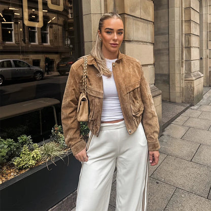 Veste en cuir vintage coupe courte décontractée poches zippées