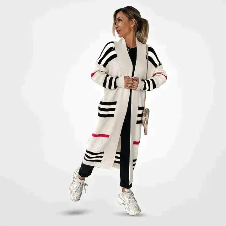 Cardigan long élégant en maille à rayures