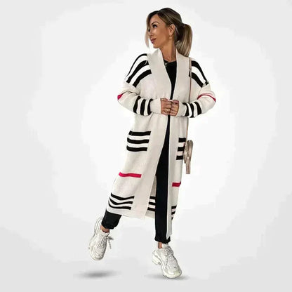 Cardigan long élégant en maille à rayures