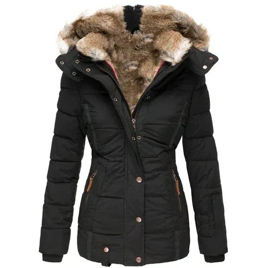 Manteau femme capuche fourrure look hiver élégant