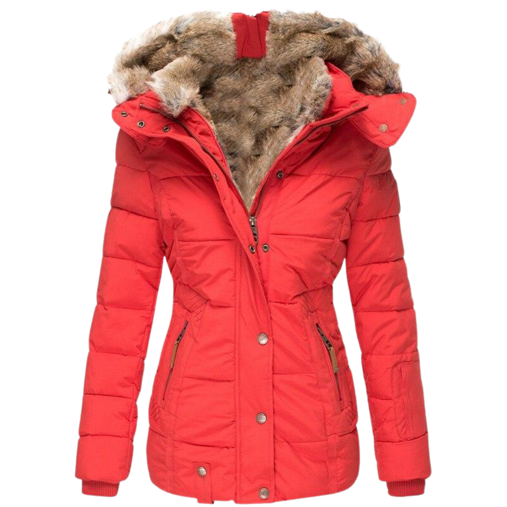 Robe d'hiver chaude | Manteau femme avec col en fourrure et surpiqûres