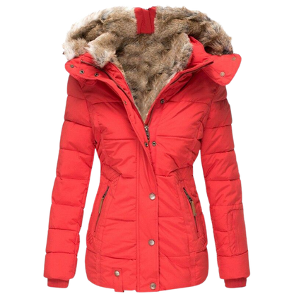 Robe d'hiver chaude | Manteau femme avec col en fourrure et surpiqûres