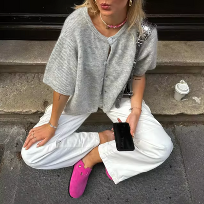 Damen Strickjacke Weich Kurzärmelig Knöpfe - IdealeKleiden