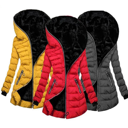 Winterjacke Damen Gepolstert Warm Kapuzenjacke Lang - IdealeKleiden