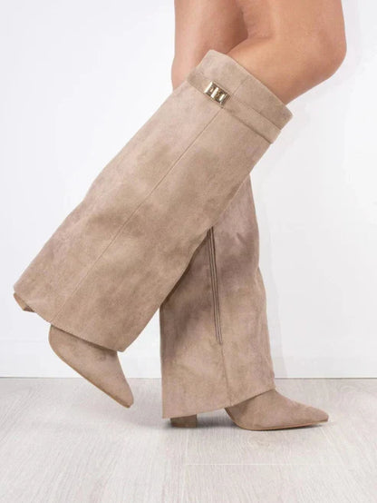 Bottes hauteur genou pliables daim boucle talon bloc