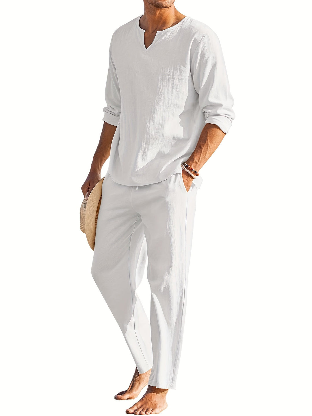 Costume en lin pour homme, été, confortable, manches longues