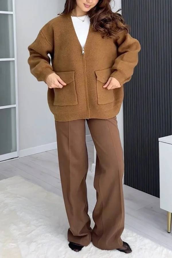 Vielseitige Damenjacke V-Ausschnitt Mit Taschen - IdealeKleiden