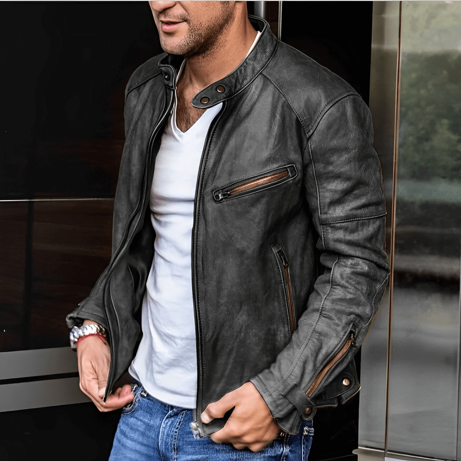 Stylische Lederjacke Männer Modern Design - IdealeKleiden