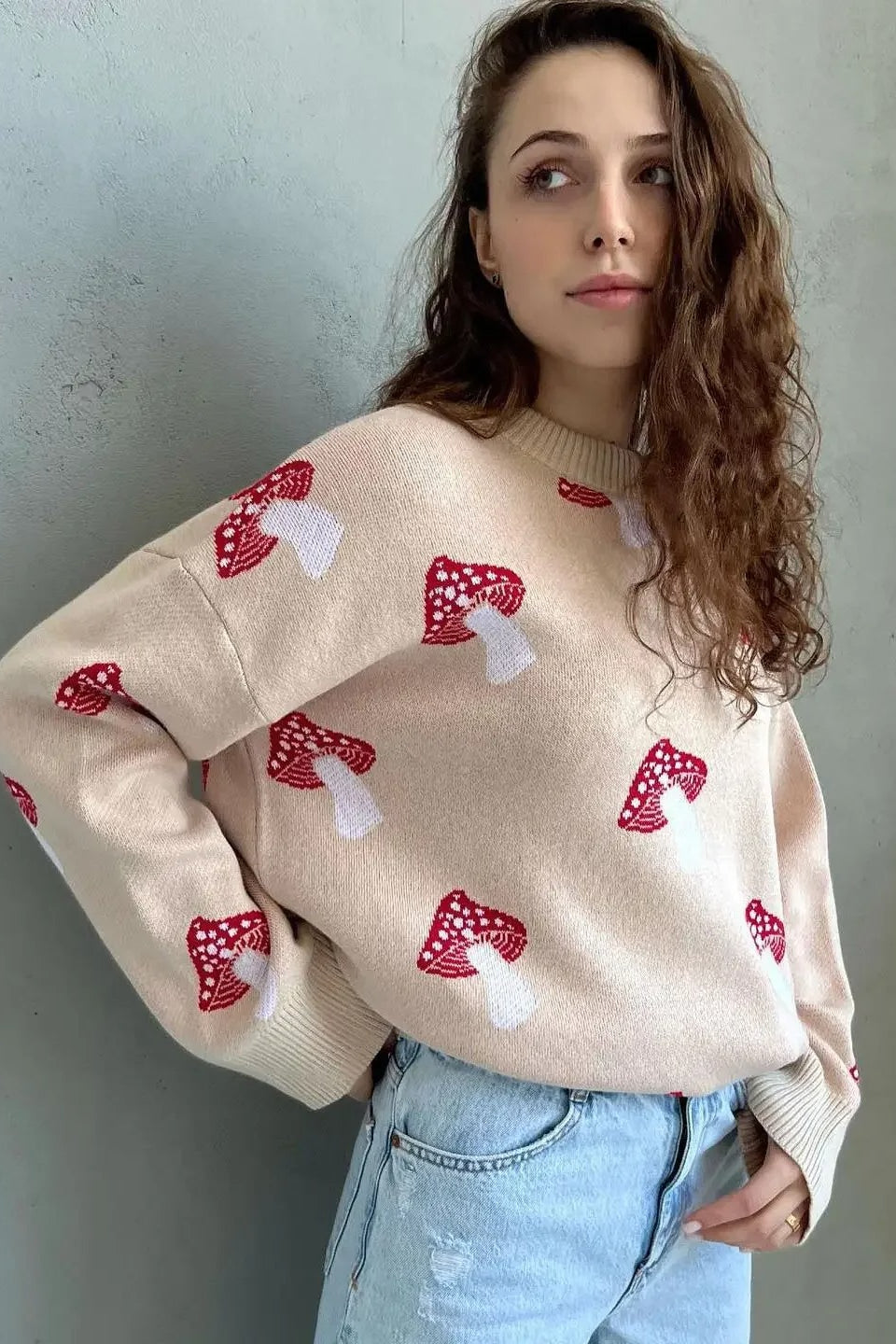 Pull en jacquard doux à motif champignon