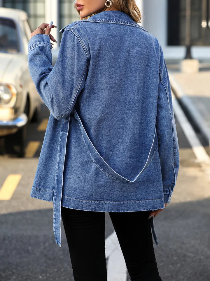 Damen Denim-Mantel Modern Klappentaschen - IdealeKleiden