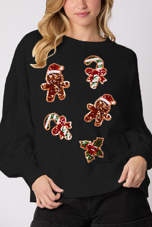 Sweat-shirt de Noël Bonhomme en pain d'épices Paillettes Décontracté Manches longues