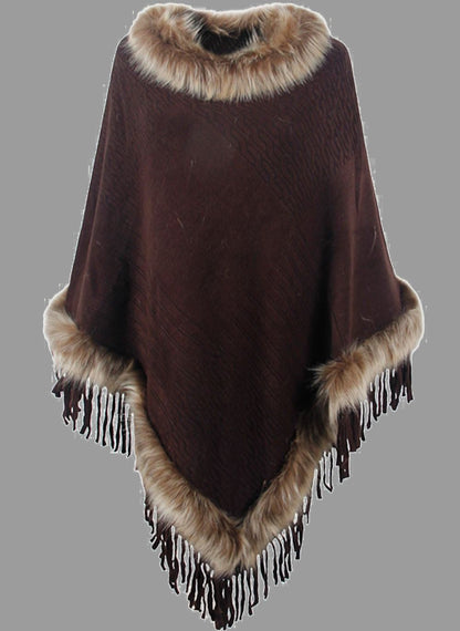 Poncho long élégant pour femme avec col en fausse fourrure